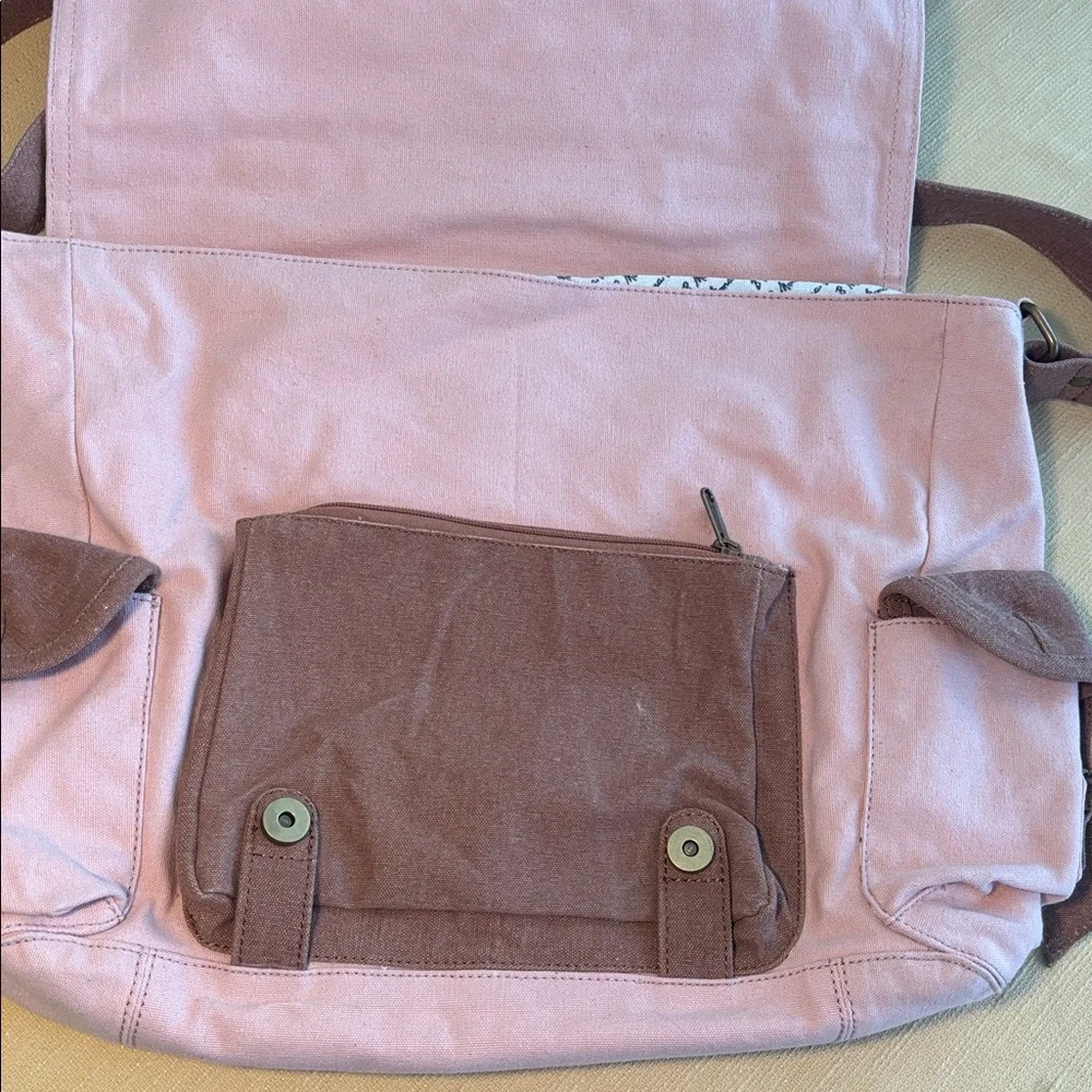 Mona B Pink and Tan Signature Canvas Messenger Computer Bag Tote